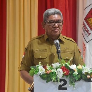 Bupati Maluku Tenggara Thaher Hanubun ketika menyampaikan sambutan lisan saat membuka Rapat Kerja Daerah Partai Gerindra Se Provinsi Maluku di Aula Aurelia Kimson Hotel kemarin Senin, (6/2/2023).